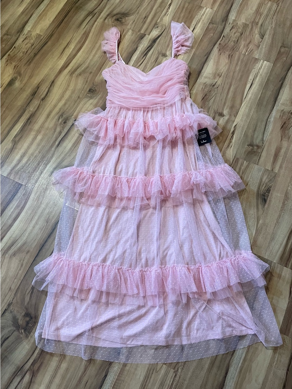 NWT Lulus Pure Radiance Pink Mesh Swiss Dot Tiered Maxi Dress Sz XL - Picture 1 of 11